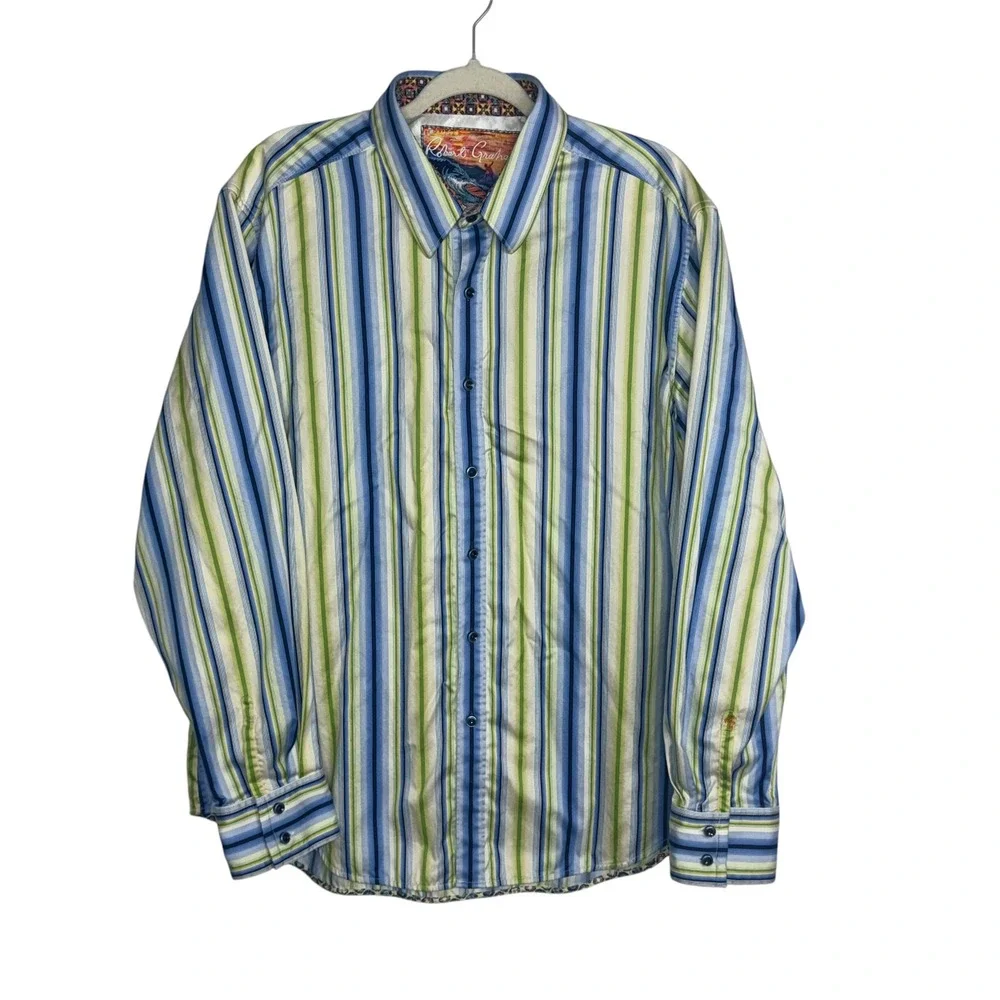 Robert Graham‎ Button Down Shirt Mens 2XL Blue Green Striped Classic Fit EUC